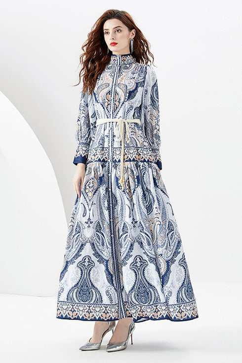 You Spin Me Around Fall Vintage Blue Paisley Pattern Stand Collar, Puff Long Sleeve Party, Festive Flowy Maxi Dress